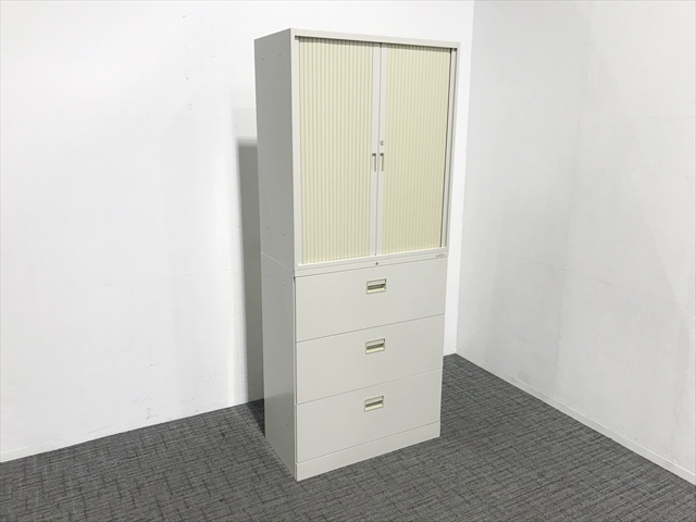 オカムラ レクトライン 上段両開き＋下段3段ラテラル 上下書庫セット 木目調 W900