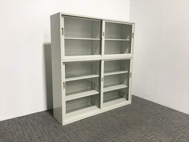 書庫 ガラス スチール 上下セット プラス
