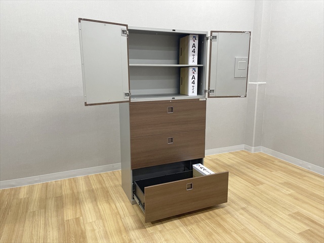 3段ラテラル両開き連結 レクトライン ウッドタイプ[オカムラ][中古 